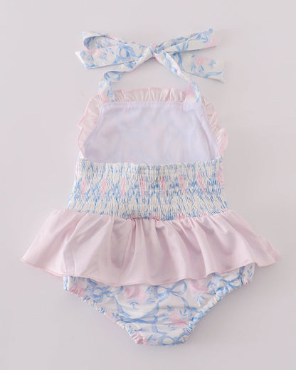 Blue Floral Bow Delight Smocked One Piece Swimsuit