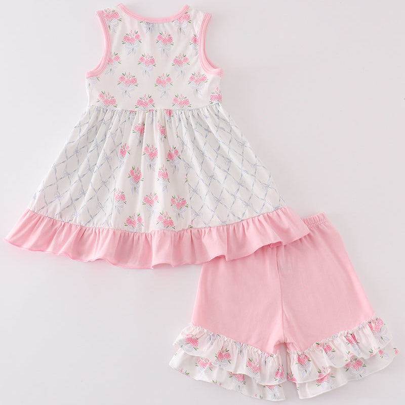 Pink Floral Bow Delight Girl Shorts Set