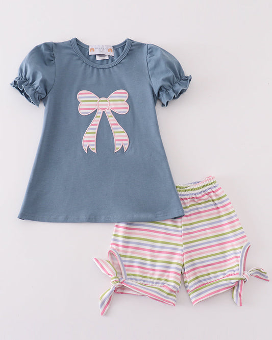 Blue Bow Applique Girl Shorts Set