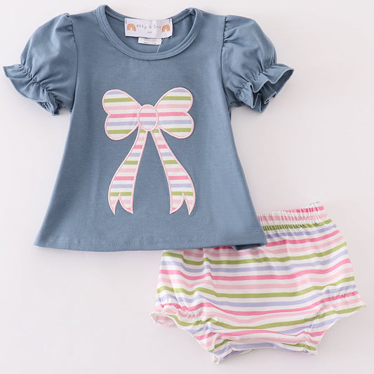 Blue Bow Applique Girl Bloomers Set