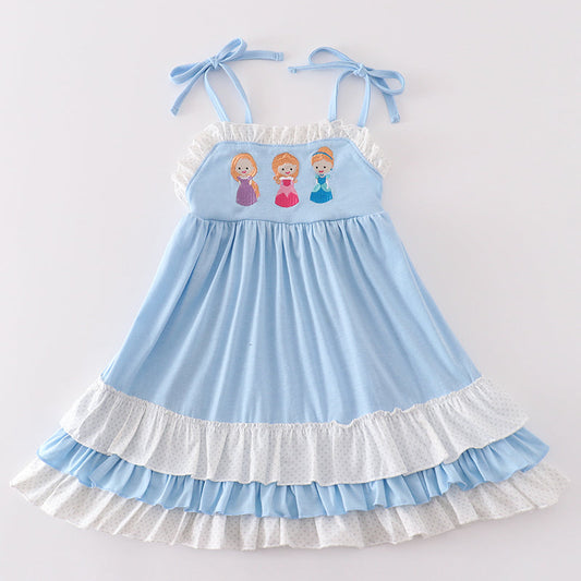 Princess Embroidered Blue Ruffle Dress