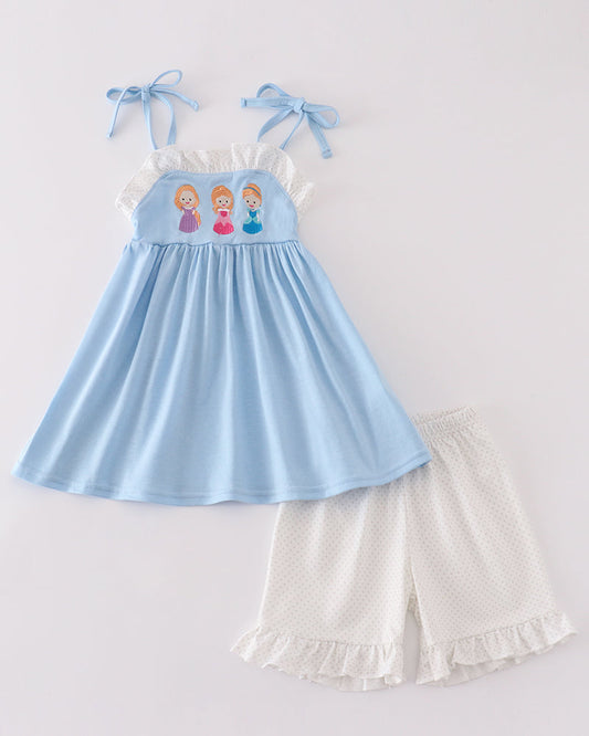 Princess Embroidered Blue Ruffle Girl Shorts Set