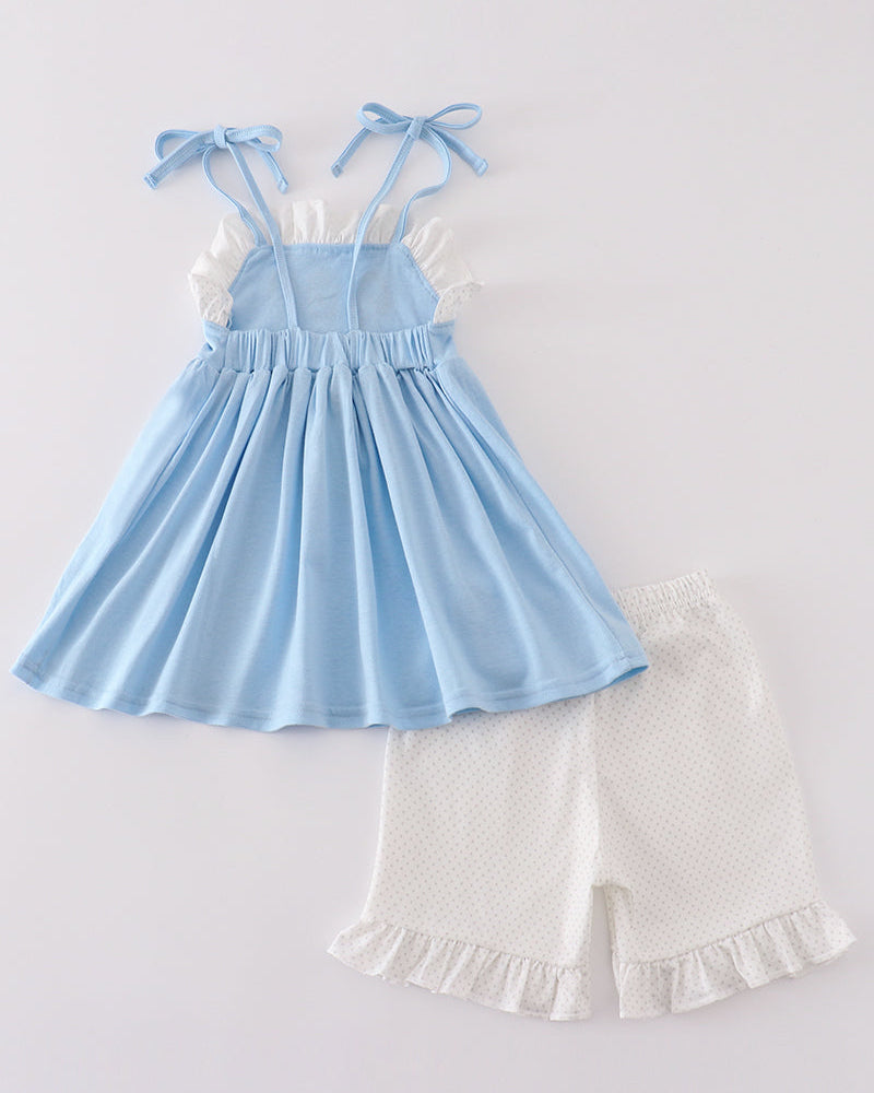 Princess Embroidered Blue Ruffle Girl Shorts Set