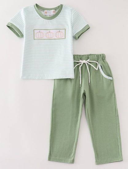 Pumpkin Embroidered Green Stripe Boy Set