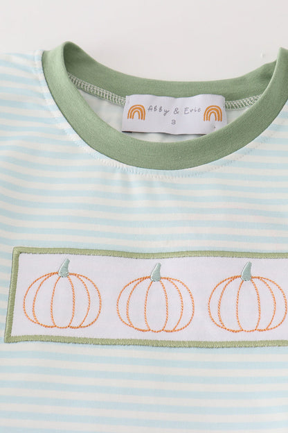 Pumpkin Embroidered Green Stripe Boy Set