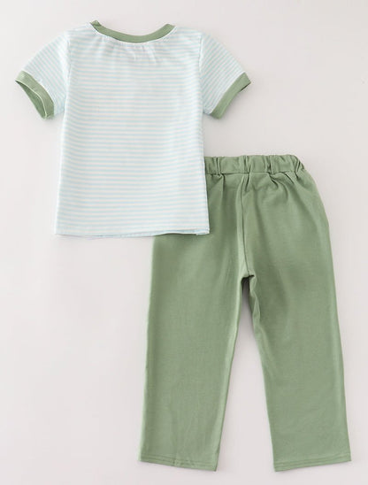 Pumpkin Embroidered Green Stripe Boy Set