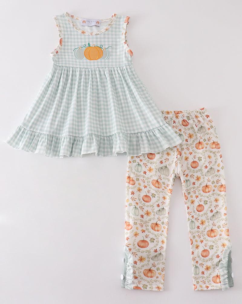 Green Pumpkin Embroidered Plaid Girl Ruffle Set