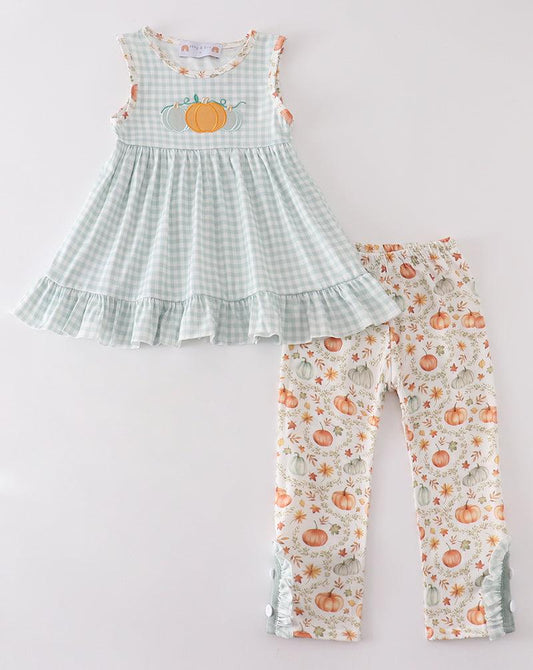 Green Pumpkin Embroidered Plaid Girl Ruffle Set