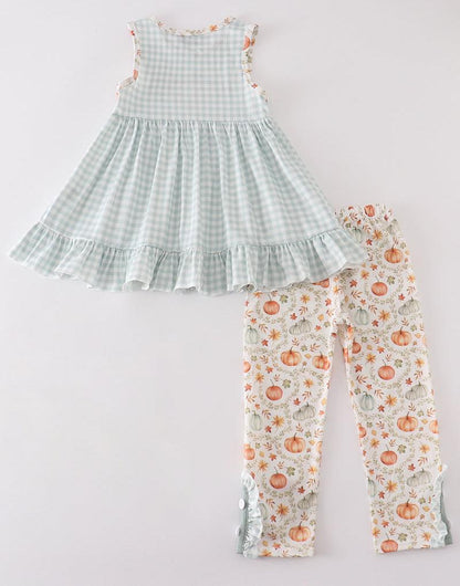 Green Pumpkin Embroidered Plaid Girl Ruffle Set