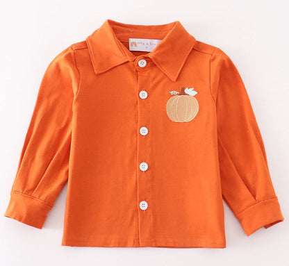 Pumpkin Embroidered Rust Boy Button Down Top