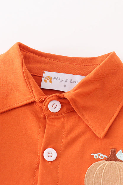 Pumpkin Embroidered Rust Boy Button Down Top