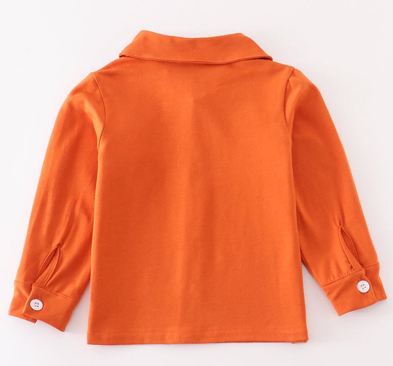 Pumpkin Embroidered Rust Boy Button Down Top