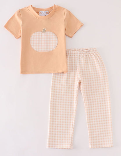 Orange Pumpkin Applique Plaid Boy Set