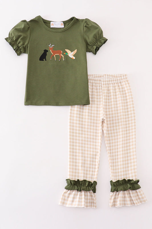 Gingham Hunting Embroidered Girl Pants Set