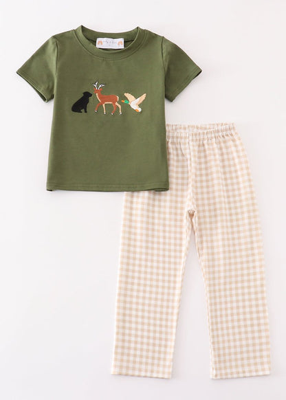 Gingham Hunting Embroidered Boy Set