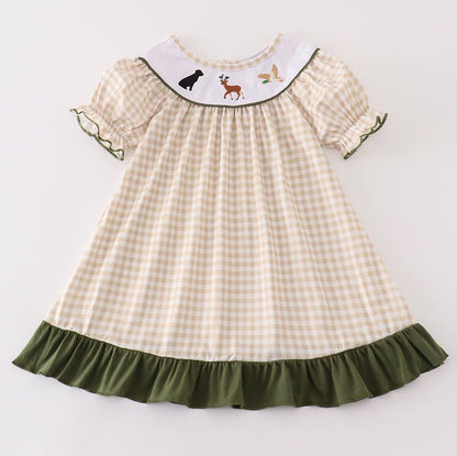 Gingham Hunting Embroidered Girl Dress