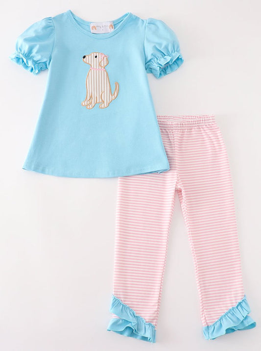 Puppy Pal Applique Striped Girl Set