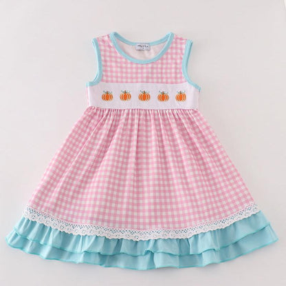 Pink Plaid Pumpkin Embroidered Ruffle Dress