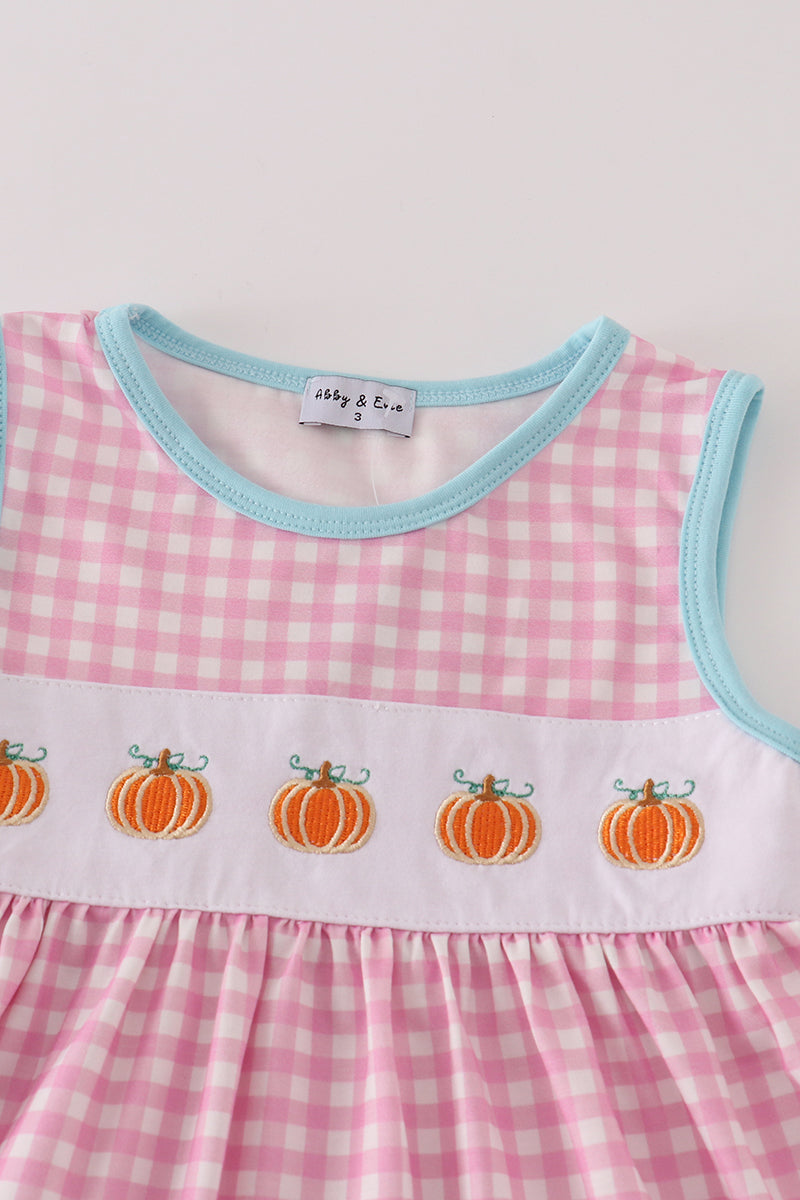 Pink Plaid Pumpkin Embroidered Ruffle Dress