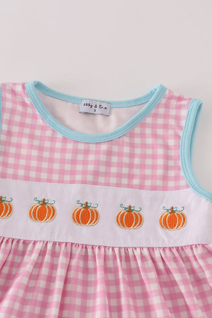 Pink Plaid Pumpkin Embroidered Ruffle Dress