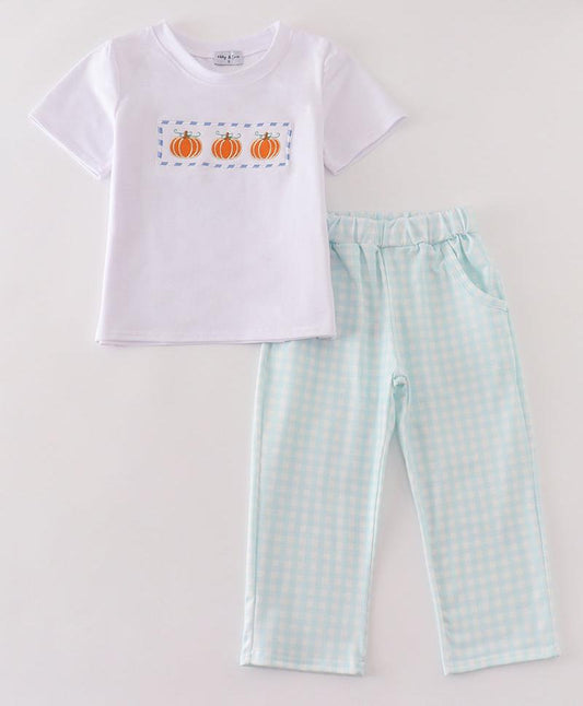 Plaid Pumpkin Embroidered Boy Set