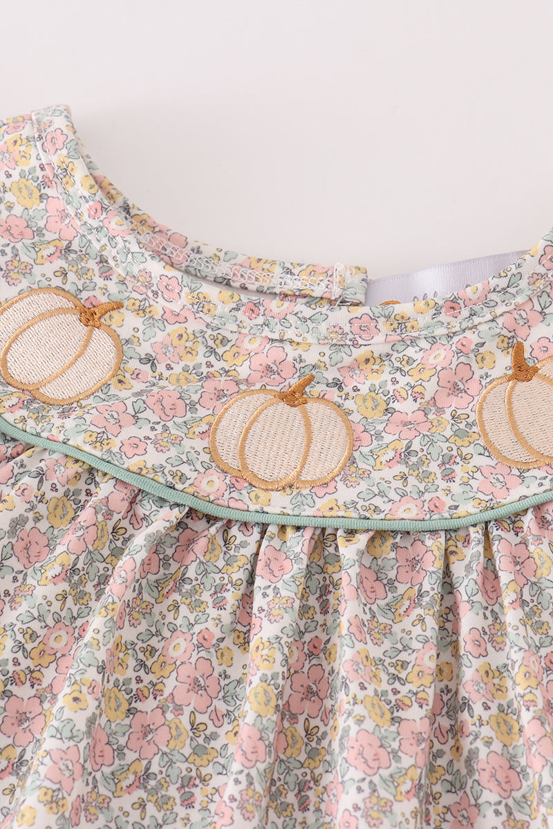 Green Floral Print Pumpkin Embroidered Girl Dress