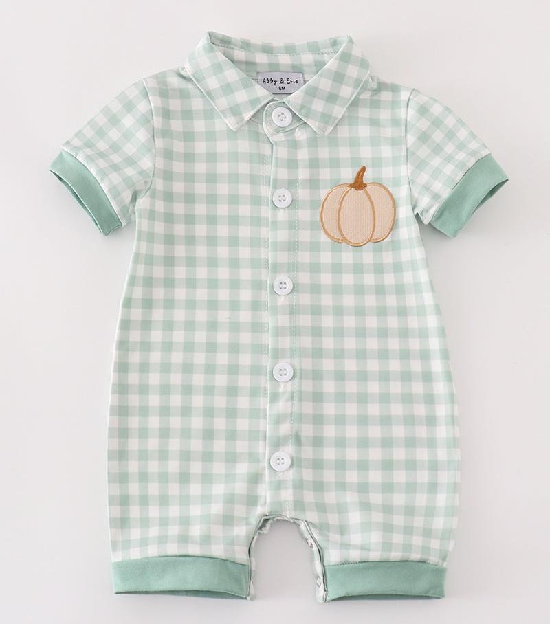 Green Gingham Pumpkin Embroidered Boy Romper