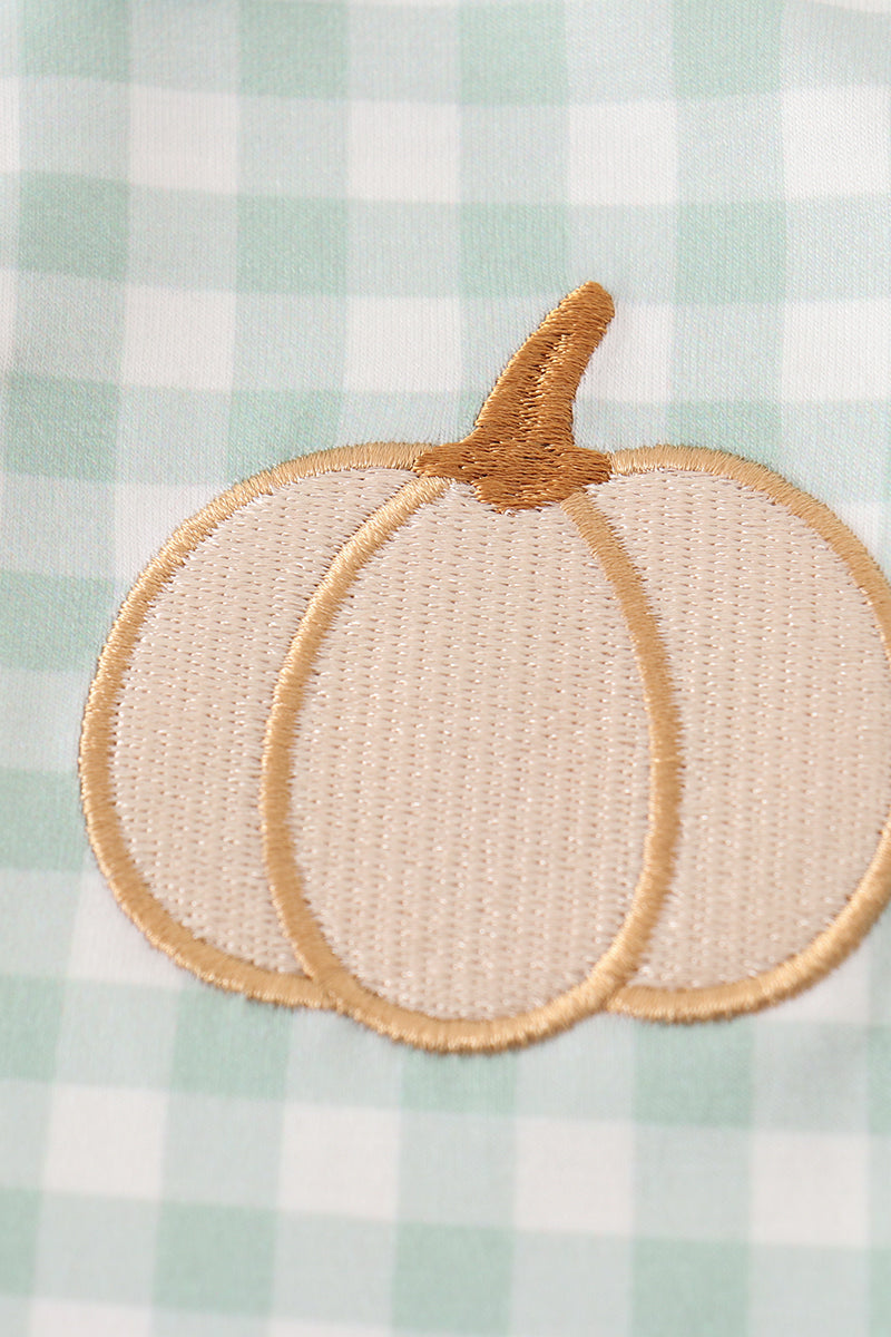 Green Gingham Pumpkin Embroidered Boy Romper