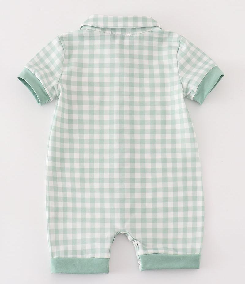 Green Gingham Pumpkin Embroidered Boy Romper