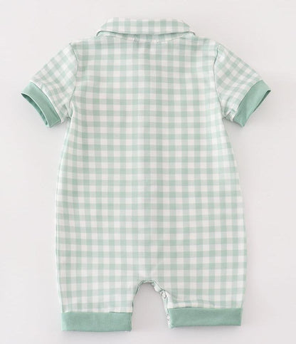 Green Gingham Pumpkin Embroidered Boy Romper