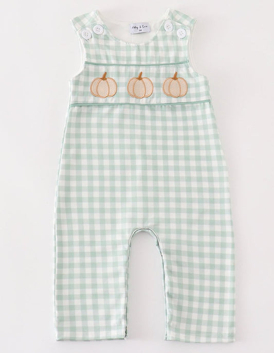 Green Gingham Pumpkin Embroidered Boy Jon Jon