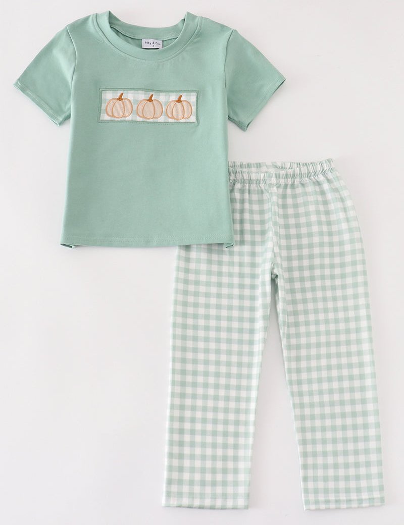 Green Gingham Pumpkin Embroidered Boy Set