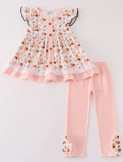 Coral Pumpkin Print Girl Set