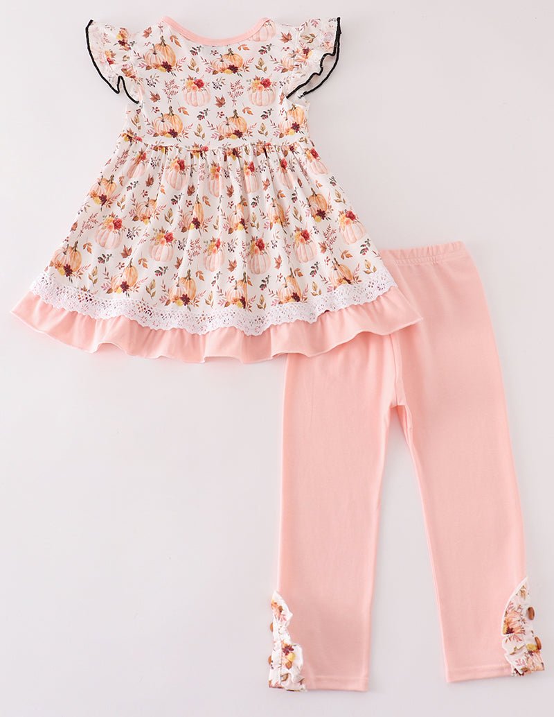 Coral Pumpkin Print Girl Set