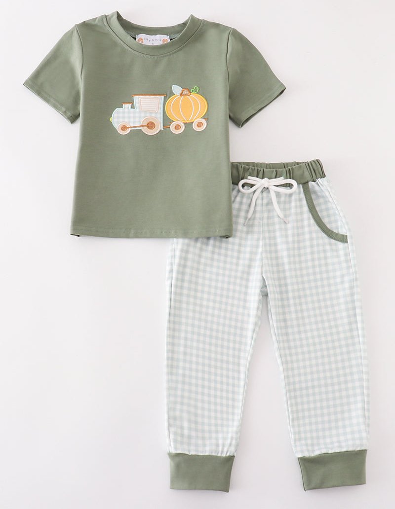 Pumpkin Train Applique Green Boy Set