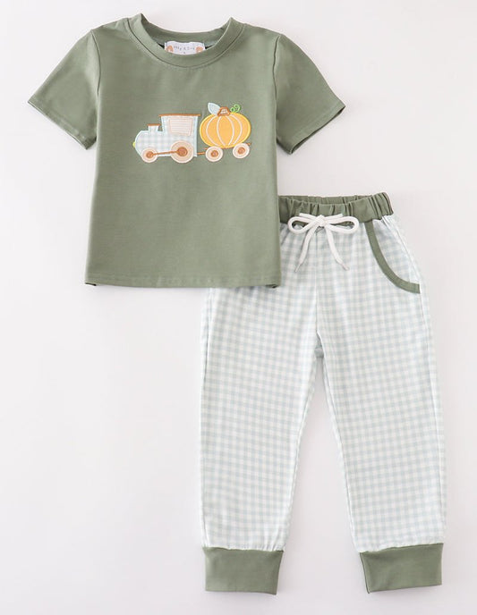 Pumpkin Train Applique Green Boy Set