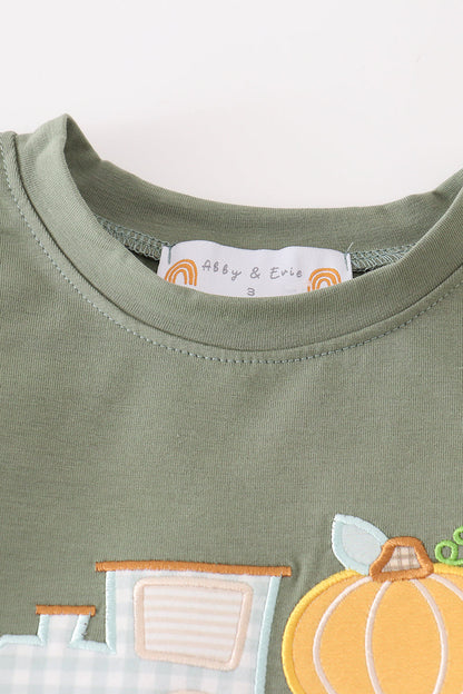 Pumpkin Train Applique Green Boy Set