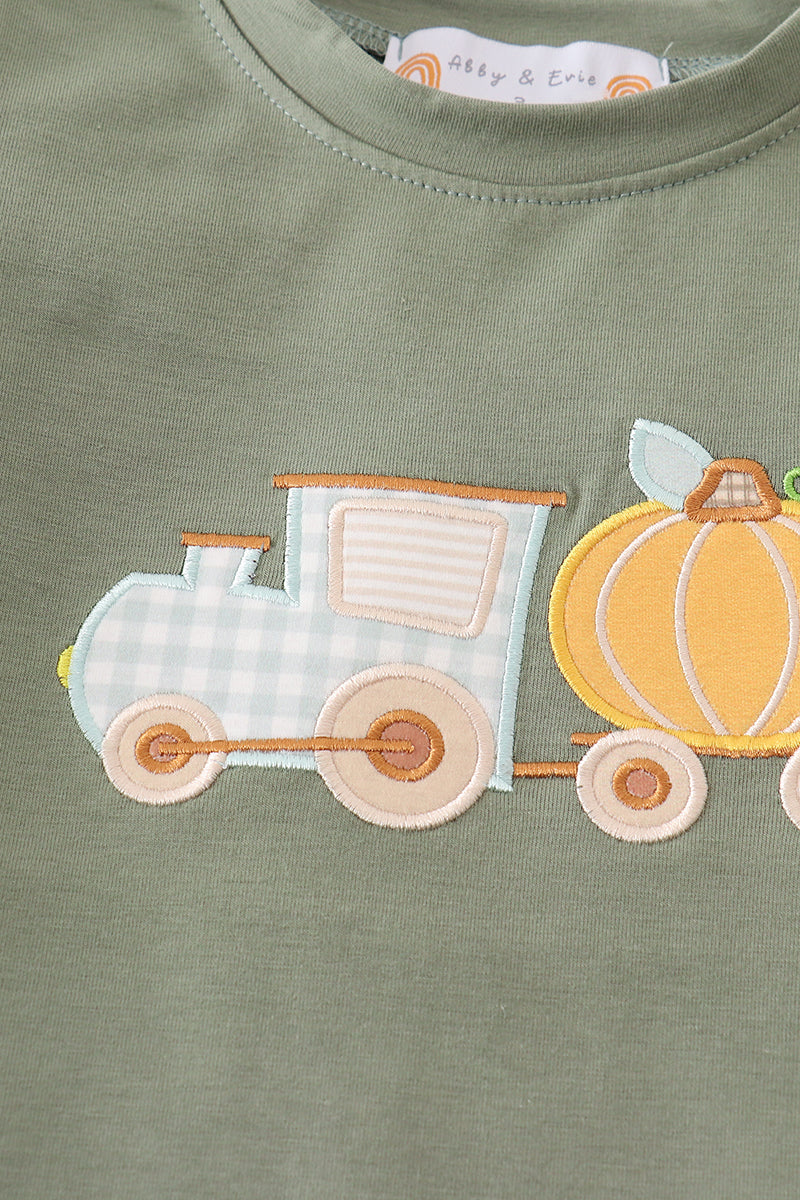 Pumpkin Train Applique Green Boy Set