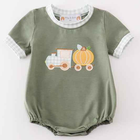 Pumpkin Train Applique Green Boy Bubble