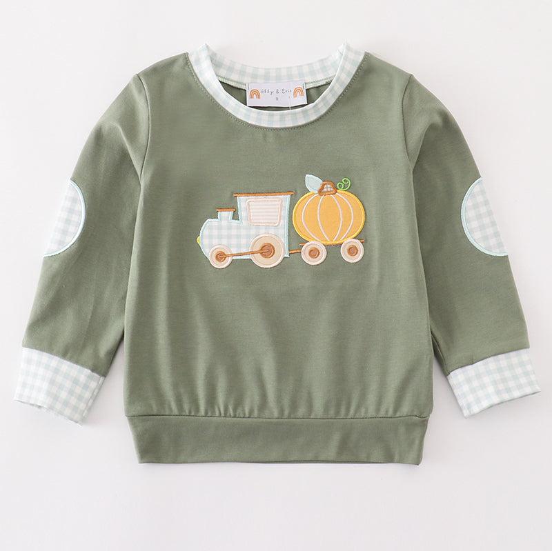 Pumpkin Train Applique Green Boy Top