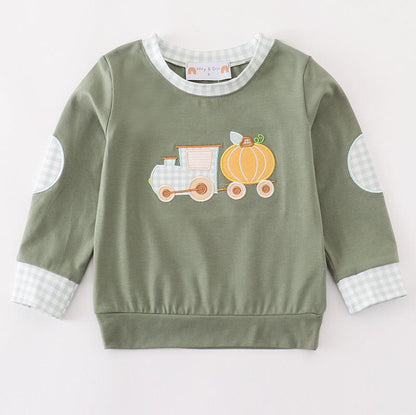 Pumpkin Train Applique Green Boy Top