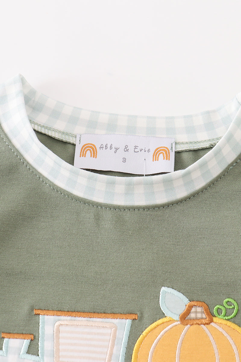 Pumpkin Train Applique Green Boy Top