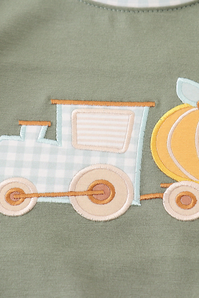 Pumpkin Train Applique Green Boy Top