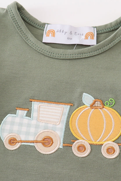 Pumpkin Train Applique Green Girl Bubble