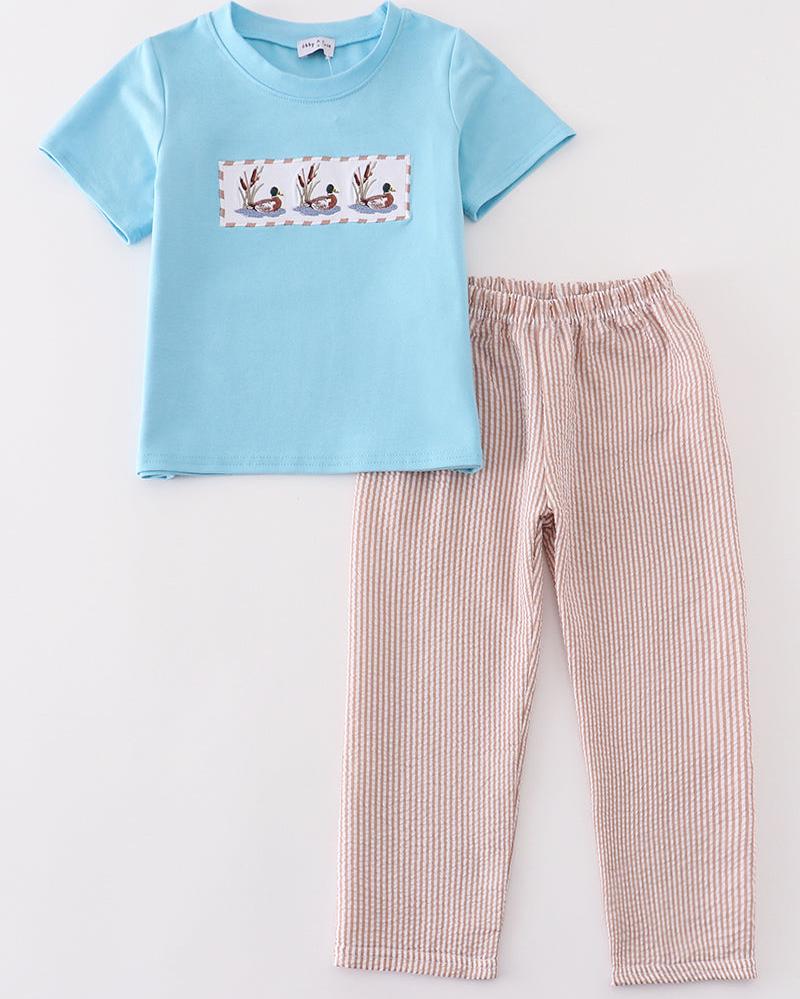 Duck Embroidered Blue Seersucker Boy Set