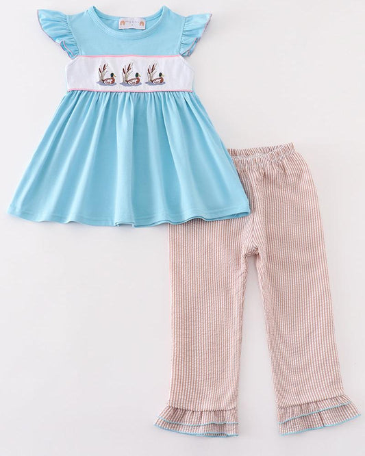 Duck Embroidered Blue Seersucker Girl Set