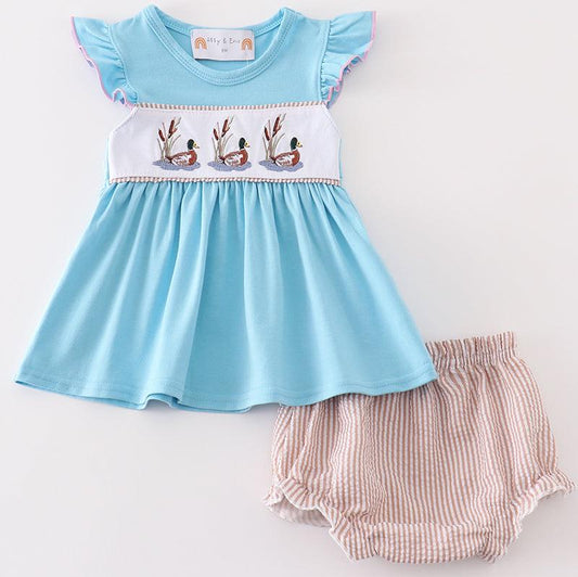 Duck Embroidered Blue Baby Seersucker Girl Set