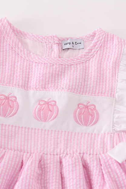 Pink Pumpkin Embroidered Seersucker Ruffle Fress