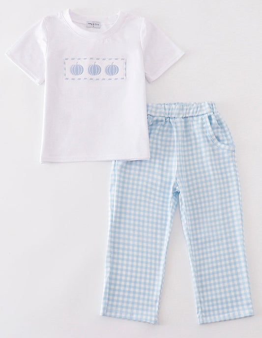 Blue Pumpkin Embroidered Plaid Boy Set