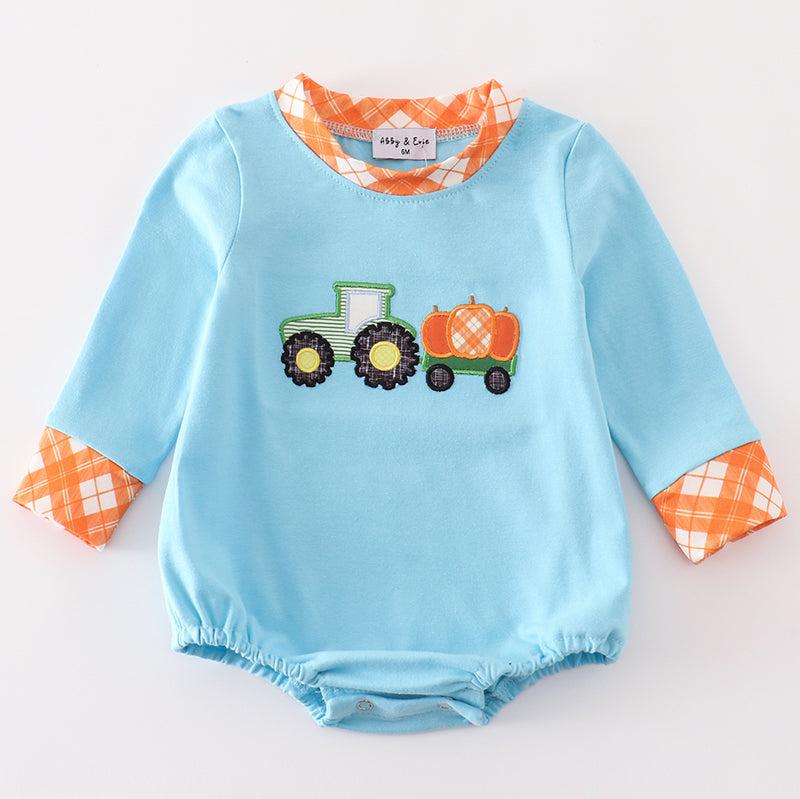 Blue Pumpkin Tractor Applique Boy Bubble